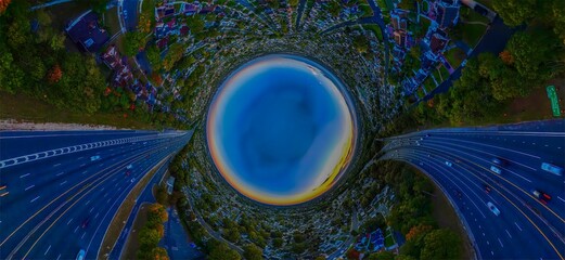 Surreal aerial view with circular sky effect.