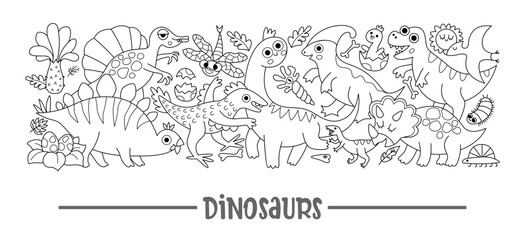 Vector black and white horizontal dinosaur border set. Prehistoric line card template design with dino characters. Cute ancient animals border coloring page with Stegosaurus, Triceratops, T-Rex © Lexi Claus