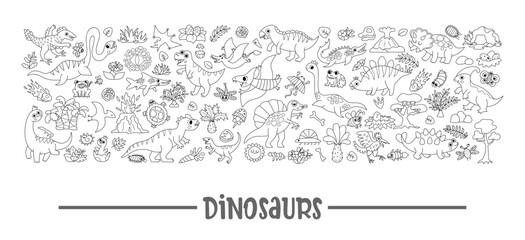 Vector black and white dinosaur horizontal set with Pterodactyl, Stegosaurus, Triceratops, T-Rex. Prehistoric animal line card template or frame design for banner. Dino party coloring page © Lexi Claus