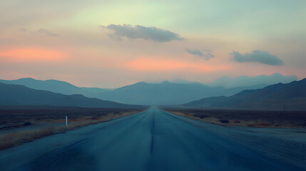 Fototapeta premium Asphalt road with mountains and clouds in the distance at dusk - 