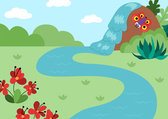 Vector empty nature landscape illustration. Cute flat scenery with meadow, forest, plants. Outdoor plane or clearing scene with greenery. Dinosaur background for kids with river, waterfall