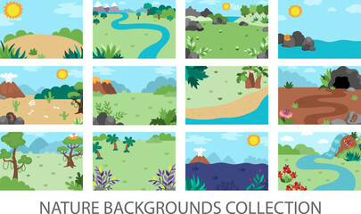 Vector empty nature landscape illustration set. Cute flat scenery collection with sun, meadow, mountains, forest, plants. Outdoor plane or clearing scenes. Dinosaur backgrounds for kids