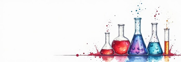 Test tubes and flasks with liquids in close-up on a monochrome background. Create a simple composition with copy text space elements.