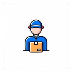 Icon of delivery man with box in his hands, flat vector illustration