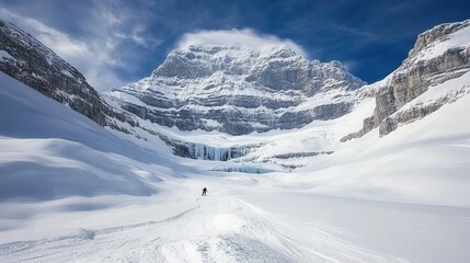 Fototapeta premium Lone skier traversing pristine snowfield with majestic snow-capped mountains under a clear blue sky, capturing winter adventure essence.