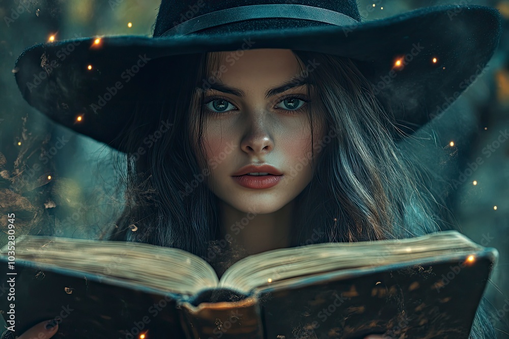 Canvas Prints Halloween Witch girl with magic Book of spells portrait. Beautiful young woman in witches hat conjuring, making witchcraft. Over spooky dark magic forest background. with generative ai