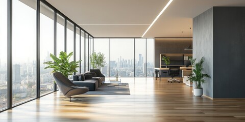 Fototapeta premium Modern Luxury Living Room Interior with Large Windows