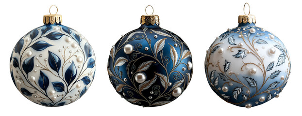 Set of hand-painted parcel Christmas tree decorations. Silver blue, white ornaments.  porcelain Christmas tree balls with floral ornament. on isolated background, png