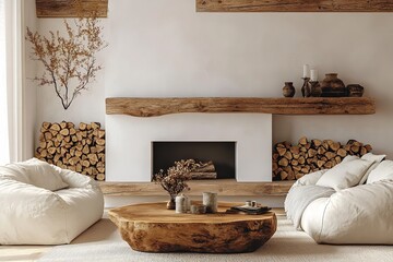 Rustic wooden coffee table positioned between two white sofas near a fireplace, with a shelf and firewood against a white wall. Modern living room with farmhouse-style country interior design.