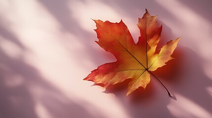 Fototapeta premium A single, vibrant orange and yellow maple leaf lies on a pink surface with soft sunlight casting shadows.
