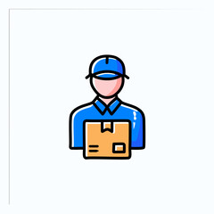 delivery worker with box line icon, vector illustration, flat design