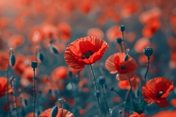 Obraz premium Beautiful red poppies on the field at sunset.