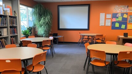 A Classroom with Orange Chairs and Round Tables