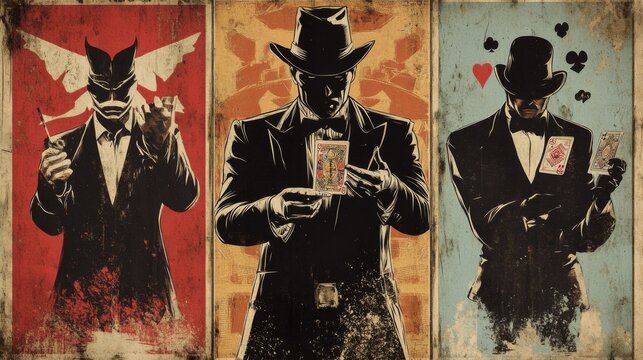 Supervillain casino posters blend vintage noir and hero themes