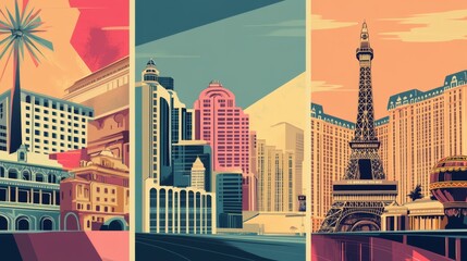 Obraz premium Retro Vegas casino postcards in vintage 1960s style with muted tones