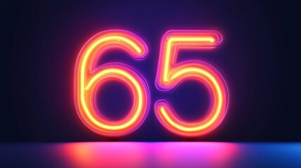 Vibrant Neon Number 65 Isolated on Dark Background, Creating Colorful Reflections Below.