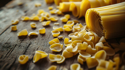 Close-up of uncooked pasta types scattered on rustic wooden surface, emphasizing texture and detail  -  