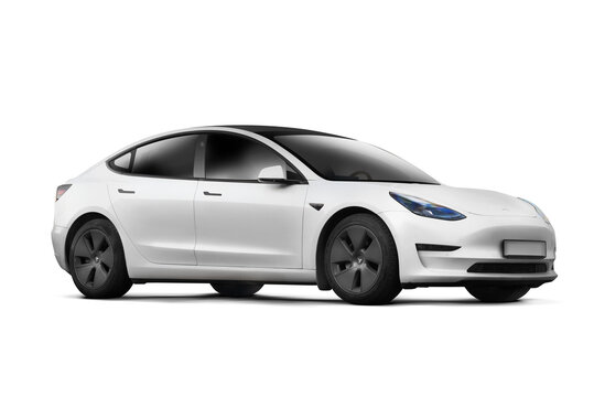  Front right view of a white Tesla Model 3 photographed on a transparent background