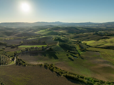 Aerial view of rolling hills and vineyards under a beautiful sunset, San Quirico d'Orcia, Italy.