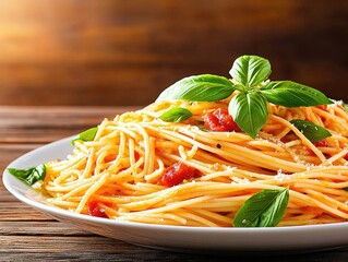 Classic Spaghetti Dish with Fresh Basil Garnish
