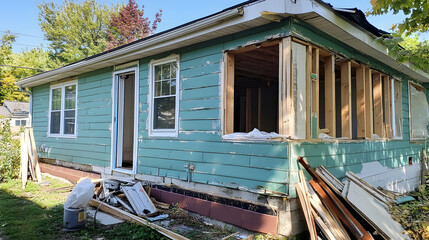 Damaged plastic siding being replaced as part of an exterior house renovation  -  
