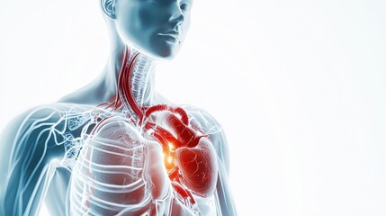 A 3D medical illustration of the human heart and circulatory system, highlighted in red on a white background.