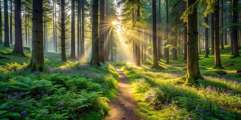 Fototapeta premium Golden Rays Illuminate a Winding Path Through a Lush Forest of Tall Trees and Vibrant Green Ferns