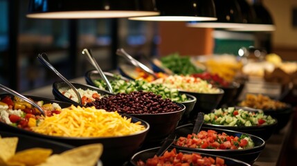 A colorful taco salad bar with options like seasoned ground beef, grilled chicken, and black beans