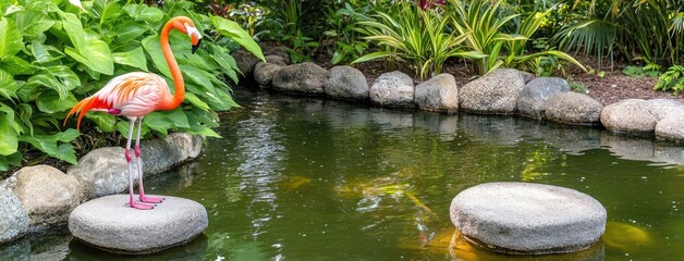 A graceful pink flamingo stands elegantly by the pond, showcasing its vibrant feathers amidst lush greenery in a serene animal exhibit
