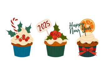 Set of Christmas Muffins. Festive chocolate muffin with cream, berries and orange. Vector illustration of festive food on white background.