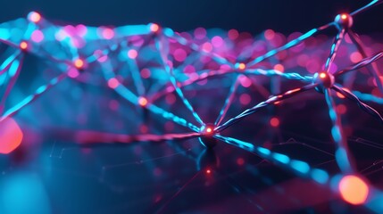 Abstract close-up of a neural network with glowing nodes and connections, representing artificial intelligence and data technology.