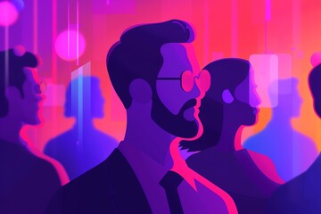 Abstract illustration of a group of people in a vibrant and colorful setting, featuring neon lights and silhouettes.