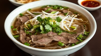 A comforting bowl of beef pho with rice noodles, thinly sliced beef, bean sprouts