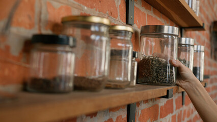 Unrecognizable woman waitress wipe dust on shelf with spices using cleaning duster female girl cafe cleaner cafeteria staff do clean before opening restaurant wiping washing shelves with spice jars