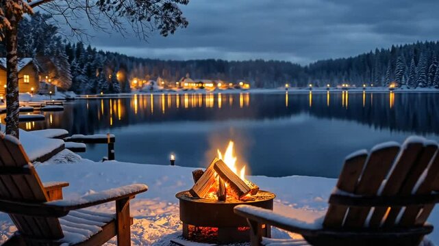 Cozy outdoor firepit by snowy lake surrounded by forest cabins at twilight in winter landscape. Nature concept