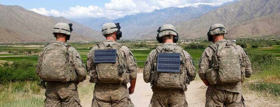 U.S. soldiers equipped with advanced communication systems and solar panels at a military base in a mountainous outdoor setting