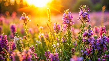 Naklejka premium A Field of Delicate Blooms Bathed in Golden Light, Capturing the Essence of Summer's Tranquil Beauty