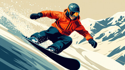 snowboarder on a ski slope, skiing on ski resort, perfect ski resort, minimalist flat illustration, vector art poster, ski poster, Ultra-high resolution