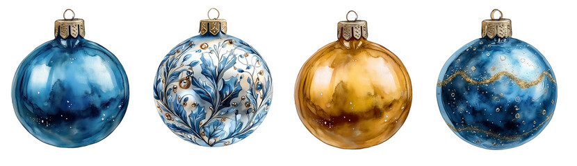 Set of watercolour Christmas tree ball decorations. 
blue, gold, silver Christmas  balls, Christmas baubles with ornaments. on isolated background, png