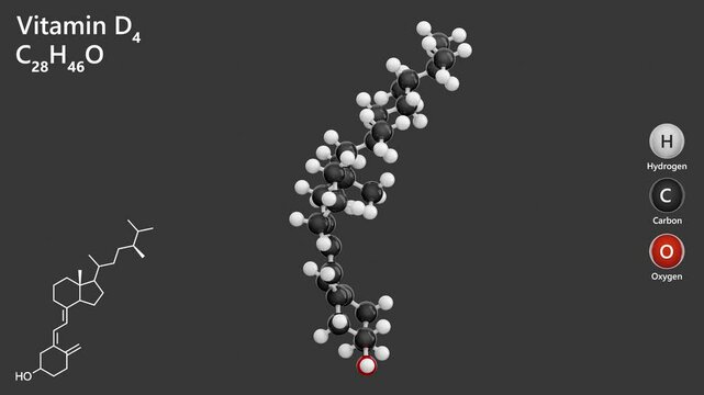 dihydroergocalciferol or vitamin D4. Animated 3d model of molecule. Molecular formula: C28H46O.Chemical model: Ball and Stick. Gray background. 3D rendering. Seamless loop