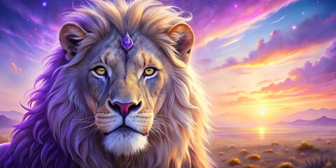 Fototapeta premium A majestic lion with a jeweled crown, eyes fixed on the horizon, as the sun sets on a distant landscape. The purple hues of the sky and the lion's mane create a mystical and serene atmosphere.