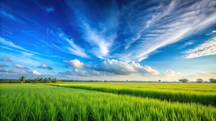 Fototapeta premium Aerial view of green paddy field under blue sky