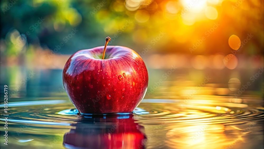 Canvas Prints A Single Red Apple Floating in Tranquil Water with Golden Light Reflections and a Gentle Bokeh Background