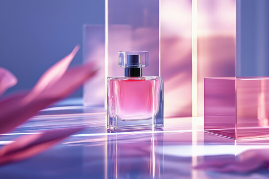 Frasco de dise&ntilde;o modeorno transparente con perfume rosa con fondo del mismo color con espacio vacio publicitario