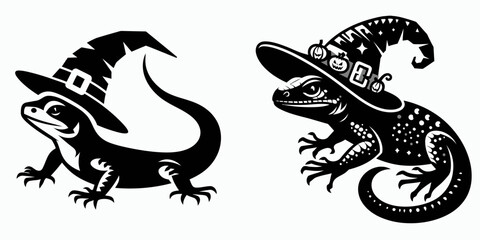 A playful illustration of lizards wearing whimsical witch hats, perfect for Halloween-themed designs and decorations.