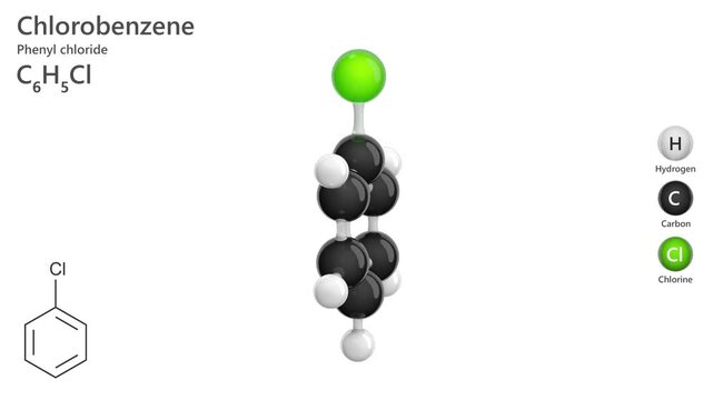 Molecule of Chlorobenzene (C6H5Cl), is a colorless, flammable liquid. It is used as an organic solvent in the production of dyes, pesticides, and pharmaceuticals. White background. 3D rendering.