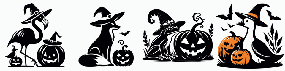 A whimsical Halloween illustration featuring a flamingo, fox, witch, and pumpkins, perfect for festive decorations.
