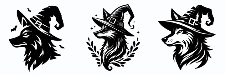 Fototapeta premium Artistic representation of stylish wolves wearing witch hats, perfect for Halloween-themed designs and illustrations.