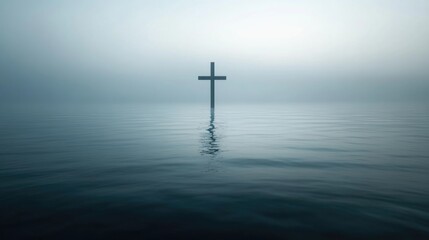 A cross stands in the middle of calm water, with a foggy background, in a minimalistic style.