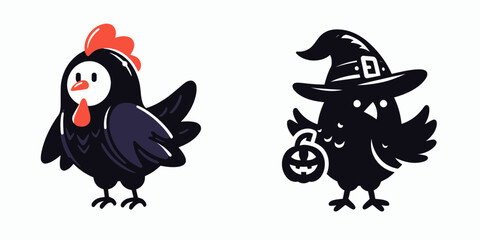 Cute cartoon chicken and whimsical witch bird holding a pumpkin, perfect for Halloween themes and playful illustrations.